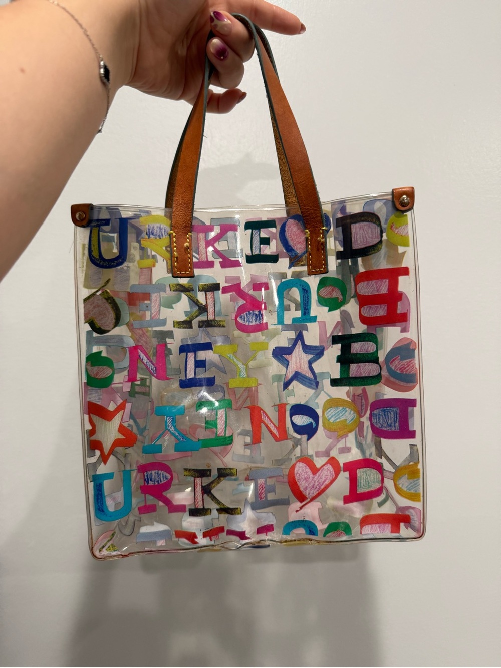 Dooney & Bourke Clear Multicolor clear Letter Print Tote with Brown Handles - Picture 5 of 6